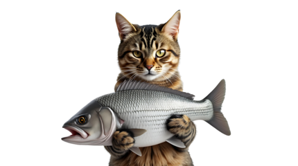 Cute tabby cat holding large fish in paws on transparent background, funny animal picture, cartoon concept for greeting card or children book character.