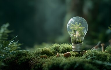 Renewable, Green energy and saving energy efficiency. Light bulb icon in forest for sustainable energy sources, clean and eco friendly