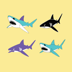 "Dynamic Shark Silhouette Collection Featuring Great White, Hammerhead, and Ocean Wildlife Scenes Vector Illustration"