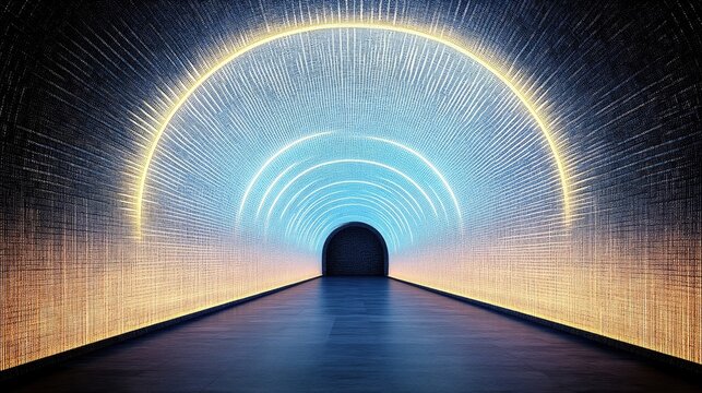 Fototapeta Futuristic tunnel with vibrant neon lighting.  Detailed,  modern,  and  illuminated pathway
