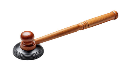 Wooden Gavel: An isolated view of a wooden gavel, symbolizing justice, authority, and decision-making, standing as a tangible representation of power and legal proceedings.