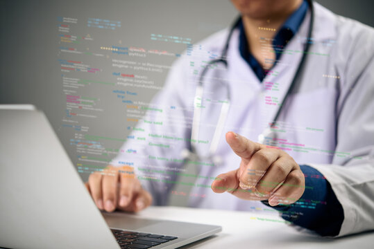 Healthcare technology concept with doctor using AI, data analysis, and innovation for futuristic medical treatment in a hospital digital system.