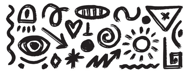 abstract shapes textured brush set. Line elements trendy bold art brush stroke collection. Grunge texture.