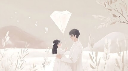 Couple embracing artistically rendered minimalist love scene in soft pastel hues