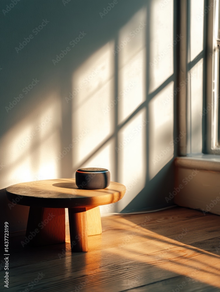 Leinwandbilder voice assistant device resting on a wooden table in a bright, minimal room with soft sunlight stream