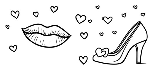 hand drawn lips and high heel shoe with hearts black and white vector