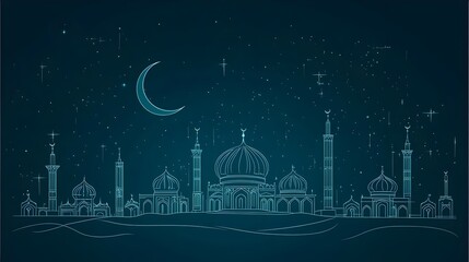 Minimalist Line Drawing of a Mosque with Dome and Crescent Moon