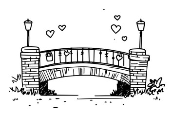 hand drawn romantic bridge with hearts black and white vector
