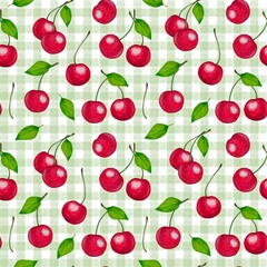 Seamless watercolor pattern with branches cherries and green leaves on green and white checkered background. Suitable for packaging, textile and culinary design.