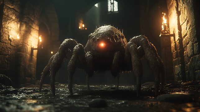 Gigantic spider in dark, stone corridor