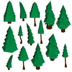 A collection of green trees in various sizes and shapes. The trees are all made of paper and are arranged in a row