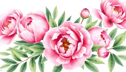 Obraz premium Elegant pink peonies arrangement with green leaves adding grace and beauty, capturing freshness and timelessness of floral artistry
