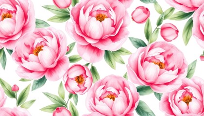 Obraz premium Watercolor Peony Seamless Pattern with Delicate Pink Blossoms and Lush Green Leaves, Perfect for Elegant Designs