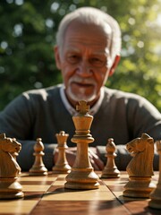 Elderly playing chess with realistic soft sunlight through the trees