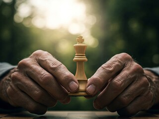 Elderly hands holding the king chess