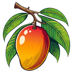 Mango on a branch vector illustration in color sketch style. Bright image of tropical fruit on a branch with leaves on an isolated background. For packaging and design