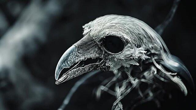 Close-up of a skeletal bird head with intricate details against a dark, moody background
