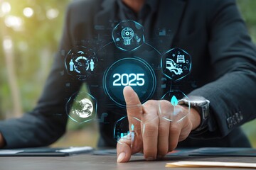 Businessman plan strategy marketing and finance to goal in 2025 planning business growth with technology AI and environmental care to New Year resolutions business. digital transformation 2025