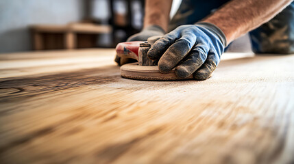 Carpenter Sanding a Wooden Surface