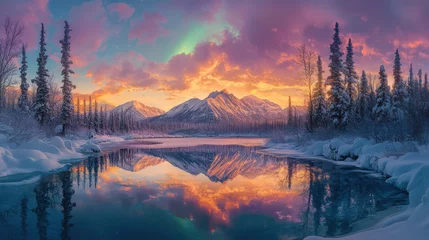 Printed kitchen splashbacks A serene snowy landscape with pine trees, mountains, and a vibrant sunset reflected in a calm river.