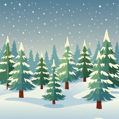 Obraz premium Snowy forest with fir trees vector illustration in scandinavian laconic style. Christmas natural background for postcards and invitations. New Year's backdrop of cold northern nature.