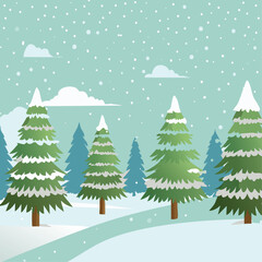 Obraz premium Snowy forest with fir trees vector illustration in scandinavian laconic style. Christmas natural background for postcards and invitations. New Year's backdrop of cold northern nature.