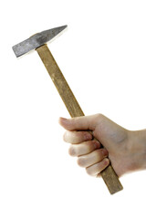 A hand holding the hammer, isolated