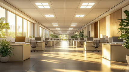 Obraz premium bright, spacious open plan office with modern cubicles and greenery, creating serene atmosphere
