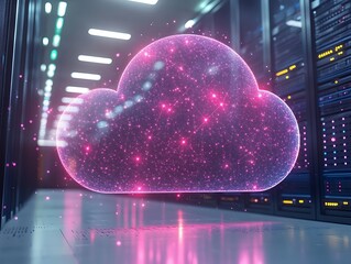 Glowing cloud data symbol in server room
