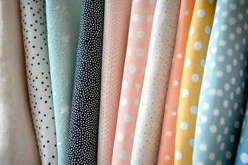 A collection of pastel-colored fabrics with playful polka dot patterns, elegantly arranged across the walls, creating a charming and vibrant atmosphere.