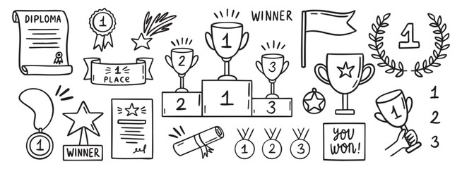 awards winner doodle hand drawn icon set. Outline drawing prizes and success items line clipart symbol collection. winner cups and medals. © Yanka