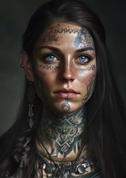 Une femme Viking brune aux cheveux longs, aux yeux bleus avec des tatouages sur le visage et le cou, expression s&eacute;rieuse et myst&eacute;rieuse, vue de face.