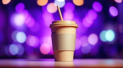 Paper coffee cup with straw on a table, vibrant background