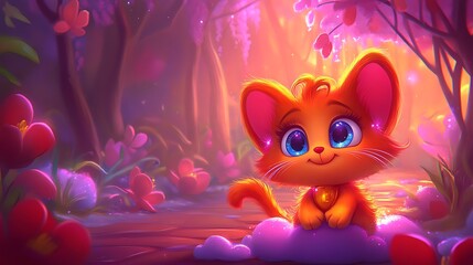 Obraz premium Cute kitten in dreamy floral scene colorful illustration of playful feline pet amidst fantasy flowers and soft lighting