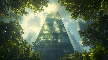 stunning glass skyscraper framed by lush foliage, reflecting clouds and light