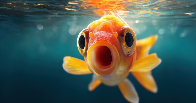 Un poisson rouge aux grands yeux et &agrave; la bouche ouverte nageant dans l'eau et observant le spectateur.