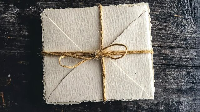 Handcrafted rustic envelope tied with twine sits on a weathered wooden table inviting creativity and personal touch Generative AI