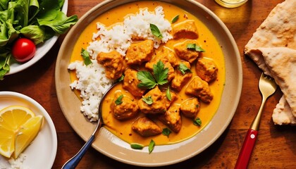 Overhead View Of Chicken Tikka Masala With Rice And Naan