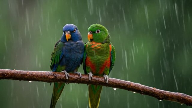 Two Small Parrots Perched Together During a Rainstorm