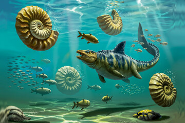 Prehistoric ocean with giant ammonites and mosasaurs, ultra-detailed paleoart