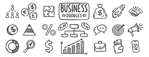 business doodle hand drawn icon set. Outline drawing business line clipart symbol collection
