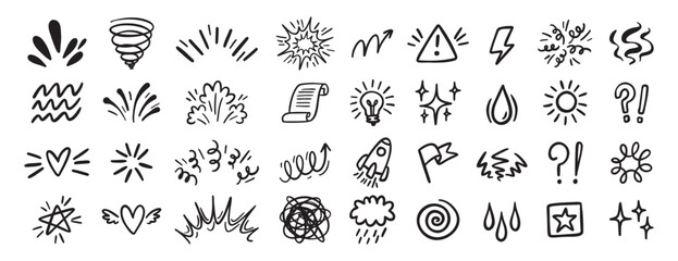 Comic effect icon set, manga doodle elements collection. Retro anime movement, exclamation and emphasis expressions. Doodle emotion of character in comic style