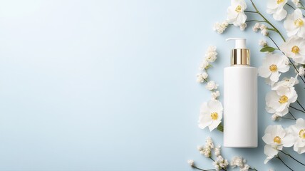 Elegant White Bottle with Flowers on Light Blue Background white bottle skin care cosmetic packaging