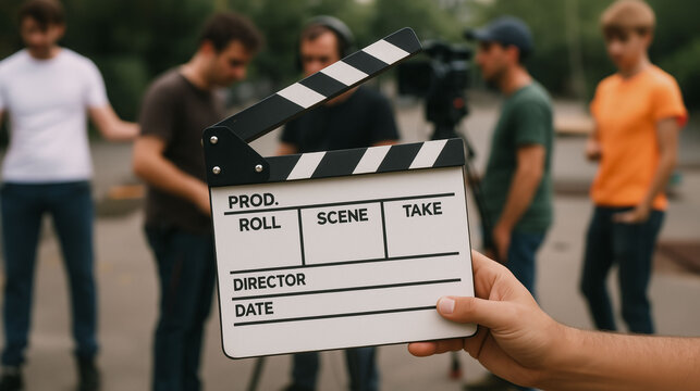 person holding movie clapperboard with movie crew busy on background on movie shoot spot scene with directors and actors