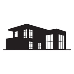 Flat Black Vector Silhouette of a Modern Villa with Large Windows and Flat Roof, Front View, on White Background