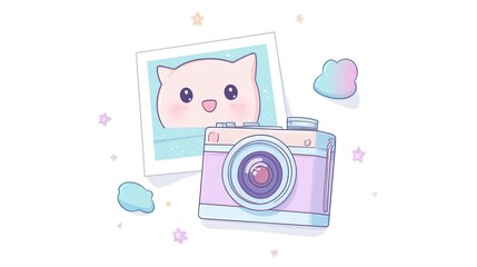 Fototapeta premium Cute cat photo, camera, pastel background; blog, social media