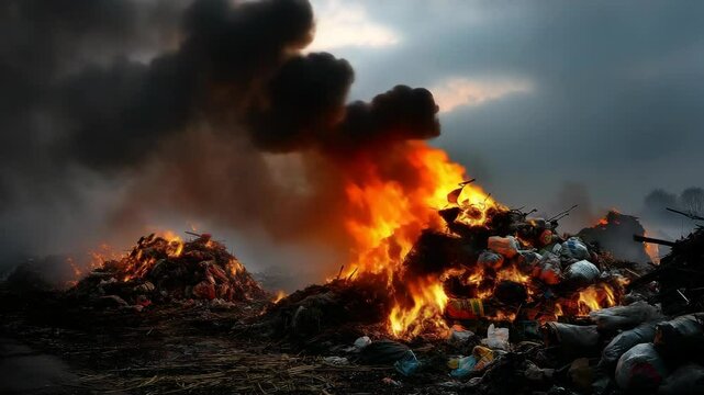 Burning piles of trash with dark smoke under a cloudy sky, depicting environmental pollution and waste incineration, emphasizing ecological damage
