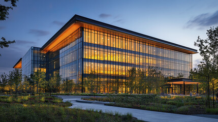 Obraz premium Modern glass building with illuminated facades and surrounding greenery at dusk