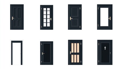 Eight black interior doors, various styles, white background, home design