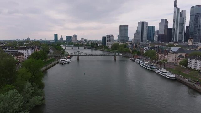 Aerial view of Frankfurt, Germany, showing the Main River, Eiserner Steg bridge, modern skyscrapers, historic buildings, and a slow sweeping pan.